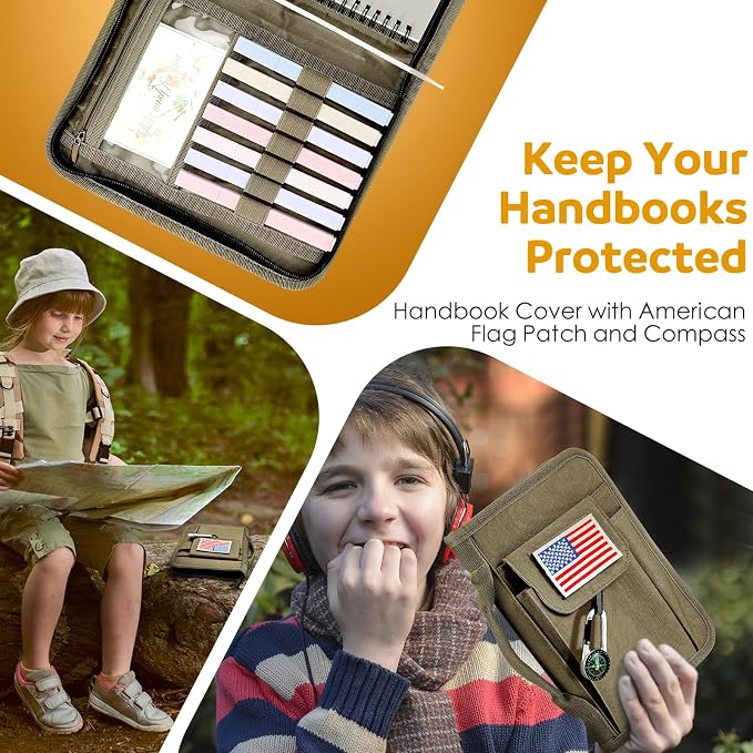 Colarr Handbook Cover Protector Compatible with Boyscouts Handbook with American Flag Patch and Compass Fit 6 x 8 in Book Sleeve Protector Suitable for Boys Girls Hiking Camping Exploring