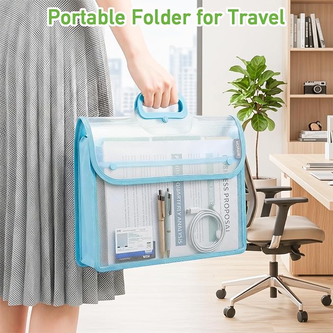SAYEEC Plastic Expanding File Folder Portable Folders with Handle Transparent File Folder Organizer Large Capacity Document Organizer Briefcase Storage Bag for Office Home, Fit Letter/A4 Size (2 Pack)