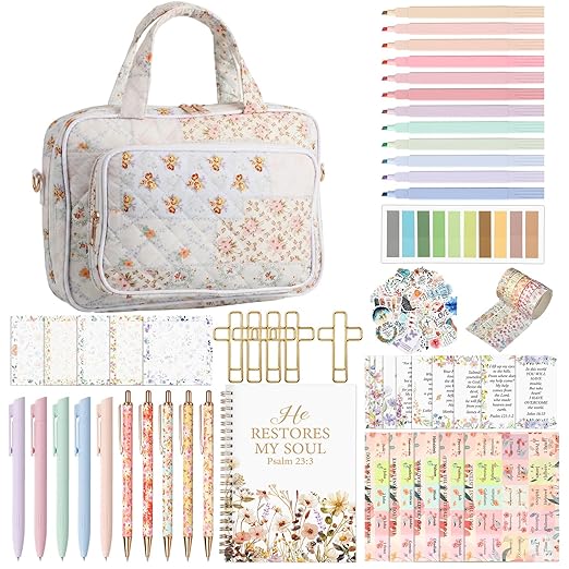 Capoda Bible Cover Case for Women, Bible Tote Bibles Study Supplies with Notebook Highlighters Ballpoint Pen Sticky Notes Scripture Card for Mother's Day Christian Gifts Women Mom Girls(Flower,Orange)