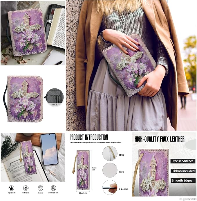 Lotusorchid Cross Lily Bible Cover with 2 Book Marks, Purple 2XL Bible Case and Carrying Bag for Women's Bible Study Accessories