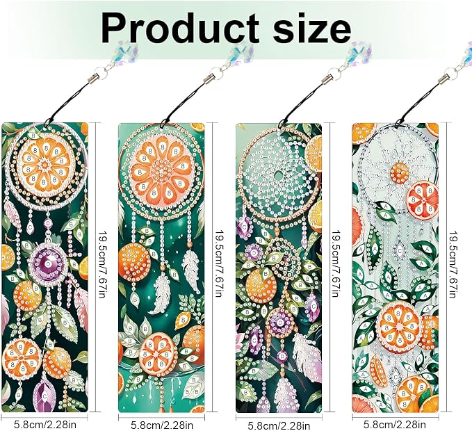4 Pcs Diamond Painting Bookmarks, DIY Orange and Dreamcatcher Diamond Art Bookmark Kits for Adults, Rhinestone Drill Fruit Bookmarks with Tassels for Beginners