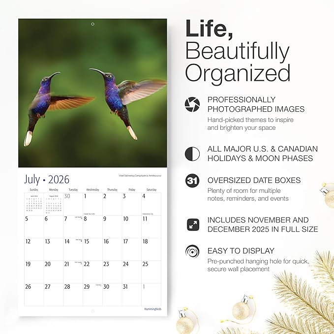 RED EMBER Hummingbirds 2026 Wall Calendar 12 Month | 12" x 24" Open | Thick & Sturdy Paper | Giftable | Bird Calendar 2026