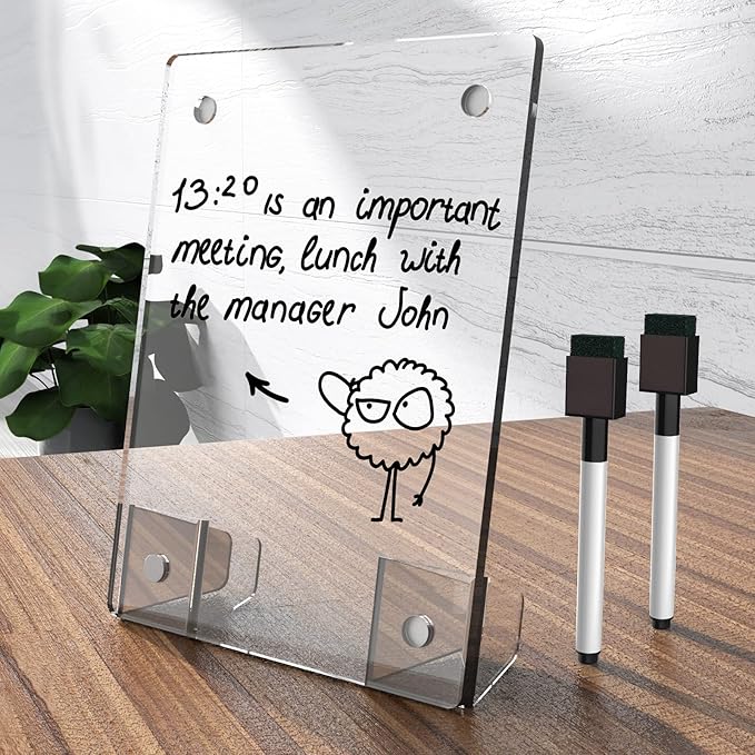 Clear Acrylic White Board 8x6 Inches, Frameless Desktop Dry Erase Board with Flexible Magnetic Stand and Markers, Mini Whiteboard Desk Accessories for Women, Home, Office, School