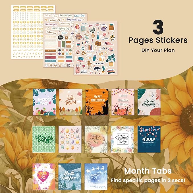CAGIE 2026 Planner Weekly and Monthly — January - December 2026 Calendar, Hardcover Spiral Bound, 13 Monthly Dividers Tabs, Stickers, 8.3 x 9.3 Inch, Women Sunflower Planner Agenda For Work, Family Affiar, Personal