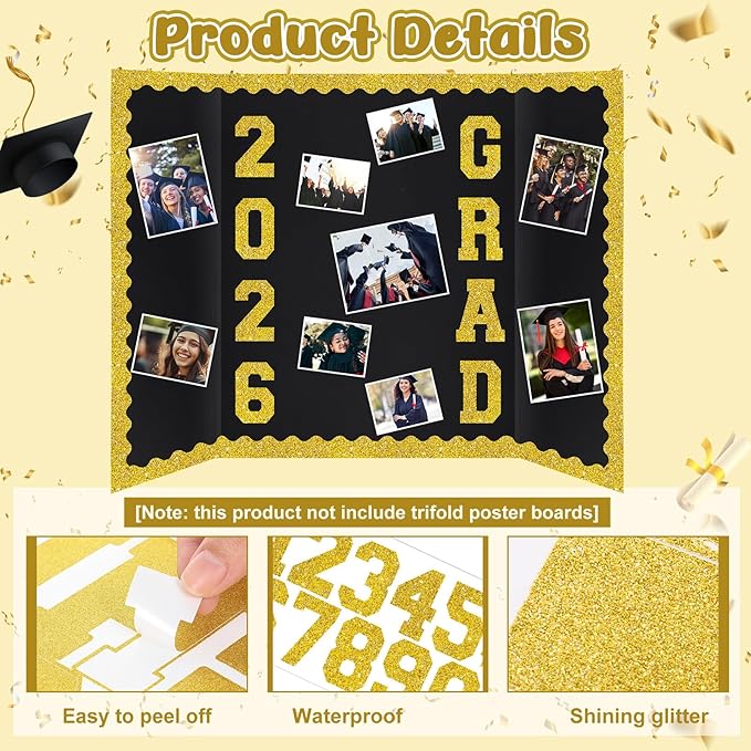 Gold 175 Pcs Graduation Photo Display Board Sticker Glitter Border Trim Alphabet Letter Number for 2026 Grad Party Trifold Poster Photo Display Science Fairs Event Displays Bulletin Board