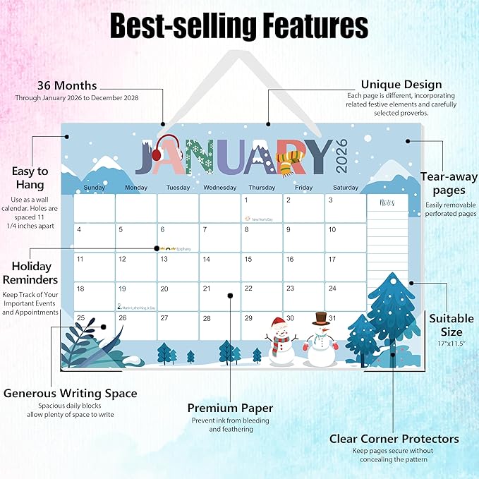 Guasslee Desk Calendar 2026-2028,36 Months Calendar Runs from 2026 Jan. to 2028 December, 17"x11.5" Monthly Desktop/Wall Planner with Thick Paper and Notes for Home School & Office