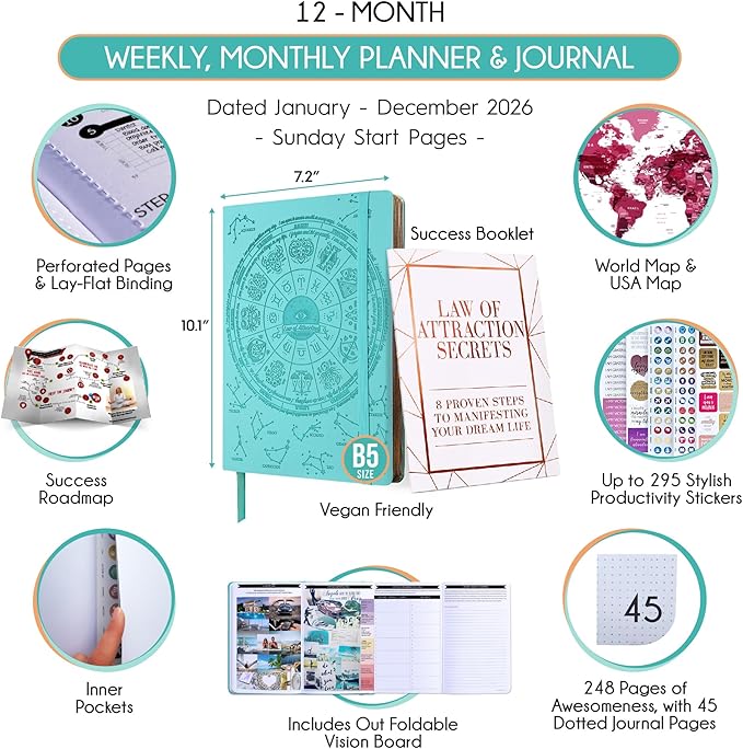 Deluxe 2026 Planner Weekly and Monthly | Law of Attraction Planner with Productivity App | 12-Month for Productivity, Gratitude & Goal Setting | Includes Foldable Vision Board, Gift Box & Stickers
