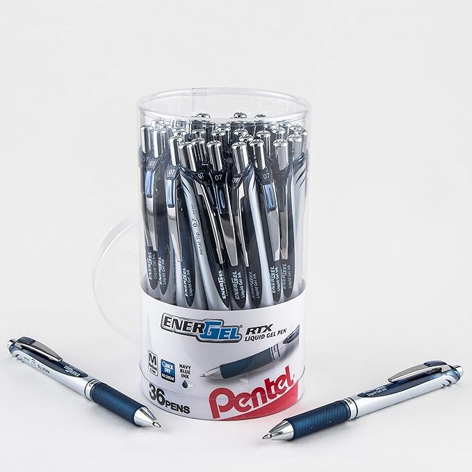 Pentel EnerGel RTX Retractable Liquid Gel Pen Canister, Navy Blue Ink (BL77PC36CA) (Pack of 1, 36 Count Total)