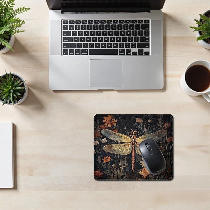 Moody Dragonfly Mouse Pad，Cottagecore Botanical Dragonfly Mouse Pad for Home Office Computer Gaming Desk Essentials, 9.5x7.9 Inch