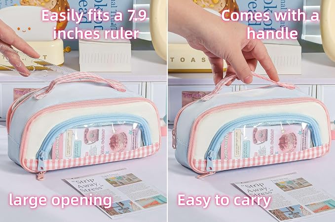 Cute Kawaii Pencil Case Pouch Sweet Check Window Pen Box Holder Organizer for Office Workspace Supplies Desk Accessories Travel Essentials Aesthetic Trendy Cool Stuff Gift Handy Handle (Blue)