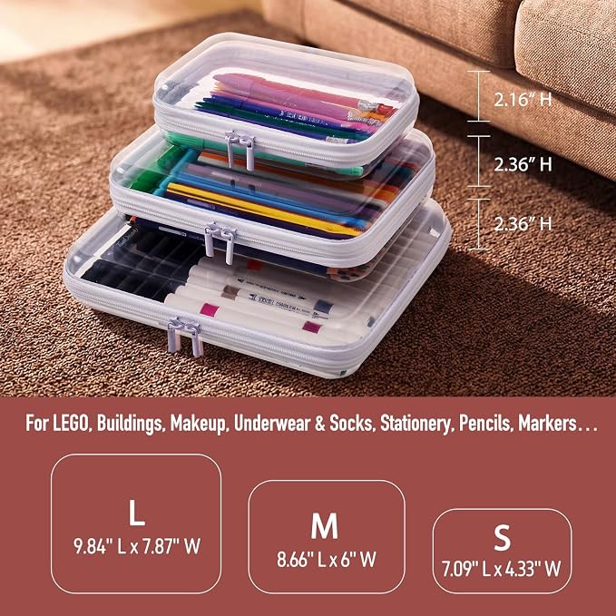 MACOPRO 2PCS Large Clear Zipper Bags with Hard Shell - Makeup Organizer & Toy Storage Container for Building Blocks, Pencils, Toiletries, Travel Accessories Diaper for Organizing