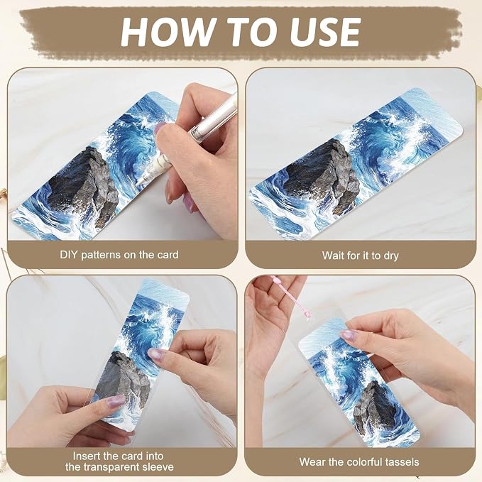 180pcs Kraft Paper Blank Bookmarks,60pcs Make Your Own Watercolor Paper Bookmarks,with 60pcs Clear Bookmark Sleeves,60 Tassels in Ten Colors,for DIY Crafts and Gifts
