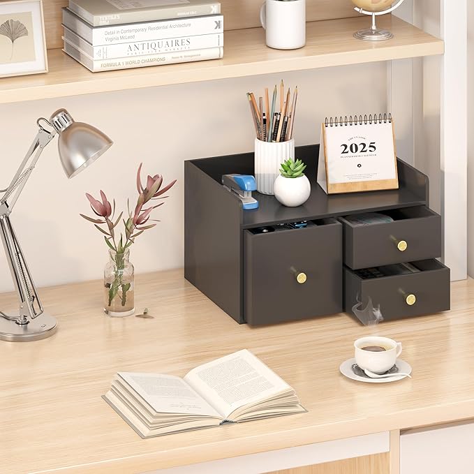 Bamboo Desk Organizer - Stackable, No Assembly Required, Ideal for Office/Home Use - Perfect for Toiletries, Stationery, Accessories. (Black, Square drawer to the left of the fence)