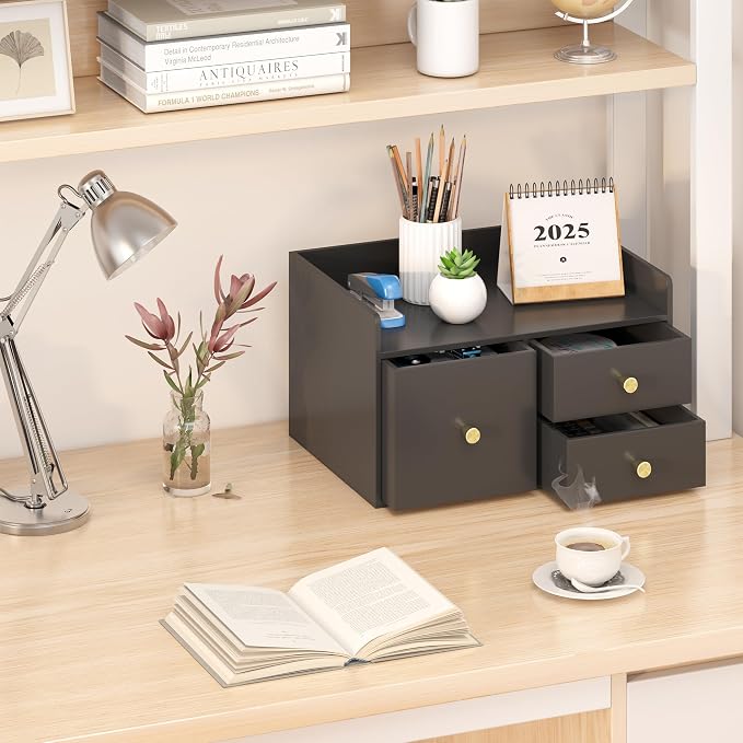 Bamboo Desk Organizer with Drawers Wooden Desktop Storage Organization Box for Bills Office Supplies Kitchen Utensils Organizing Tool for Home Classroom Vanity, No Assembly Required (Black, 3 Drawers)