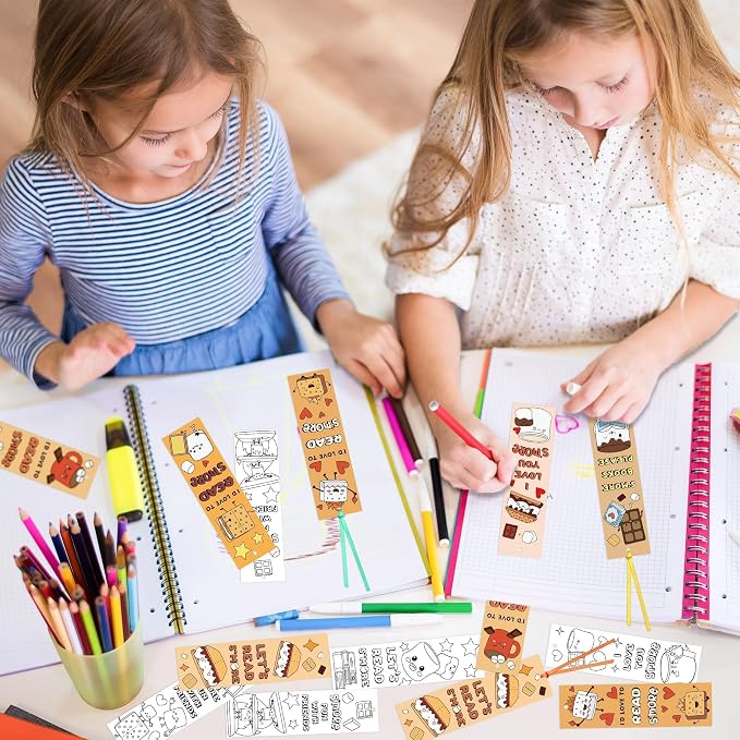 Marshmallow Color Your Own Bookmarks for Kids - Summer Gifts 123Pcs Loves You S'More Reading Theme DIY Coloring Blank Paper Bookmarks, Classroom Art Craft Party Favor for Kid Student Teacher