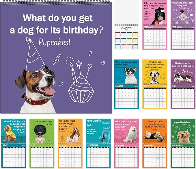 JAPBOR Cute Dog Calendar 2026 - Funny Puppy Joke Pun Wall Calendar, 12 Months Hanging Planner with Thick Paper, Animals Weekly Monthly Home Office Organizer for New Year Christmas Gifts (11" x 11")