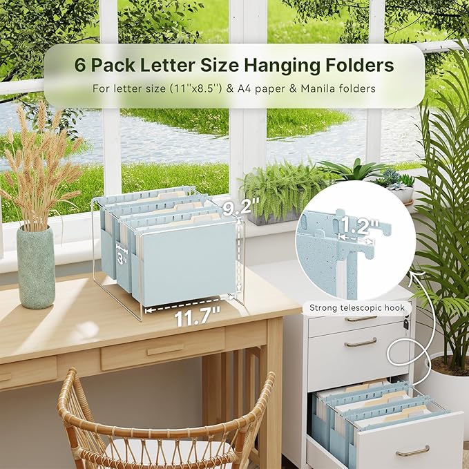 XINGIA Letter Size File Folders Hanging with Tabs,3 Inch Expansion Extra Capacity File Cabinet Folders,6 Pack Plastic Hanging File Folders for Bulky Files,Wheat Straw File Organizer for Office School
