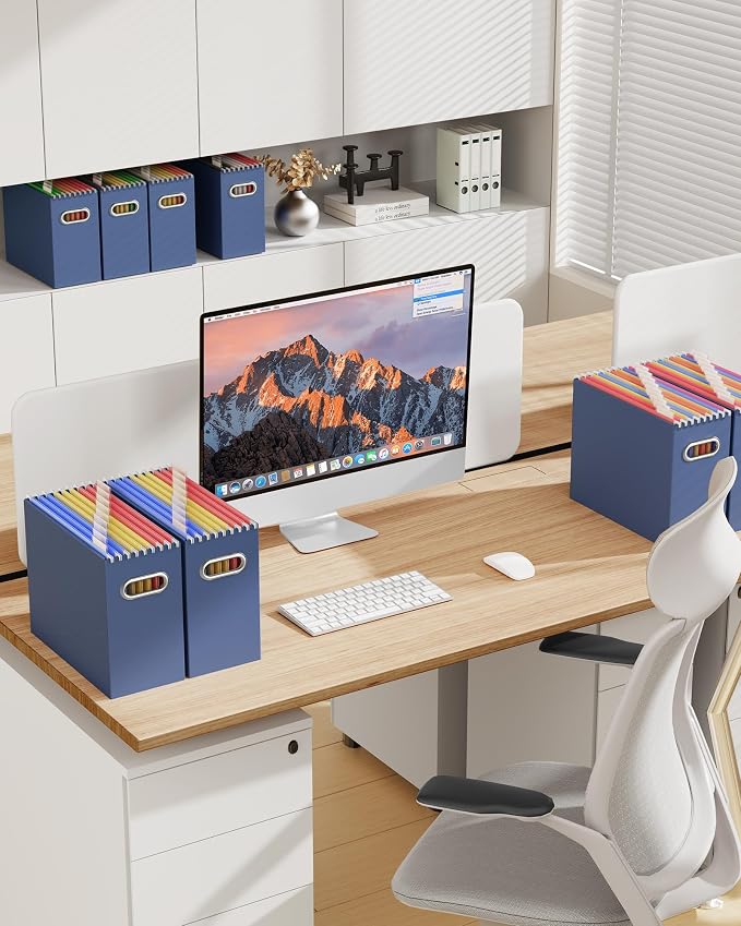 Oterri File Organizer Box, Portable Collapsible Cardboard File Folder Organizer with Handle for Letter Size Hanging Files, Document Storage Box for Home Office & Classroom (4 Packs, Navy)