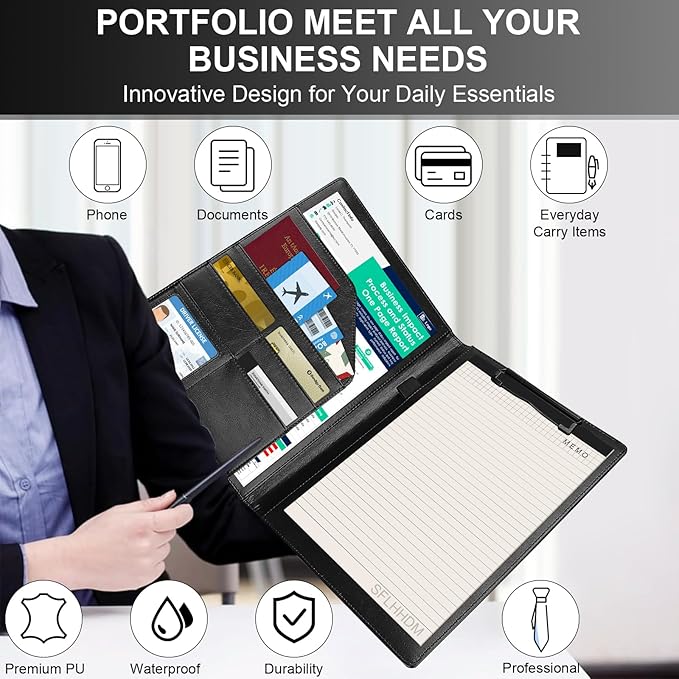 Clipboard Padfolio with Storage Pocket,Clipboard Folder Portfolio Organizer,360 Degree Foldable Clipboards with Refillable Notepad,Faux Leather Padfolio Organizer for Office School Supplies-Dark Black