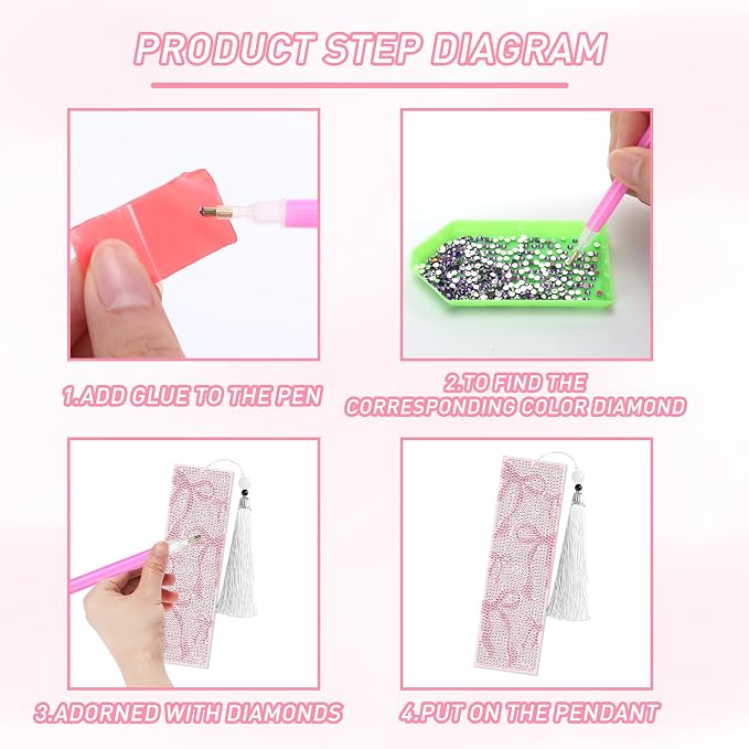 8 Pcs Bow Diamond Art Bookmarks Kit with Tassels, Cute Pink Diamond Painting Bookmarks for Women Book Lovers, DIY Bookmark Making Kit for Adults Beginners Aesthetic Crafts