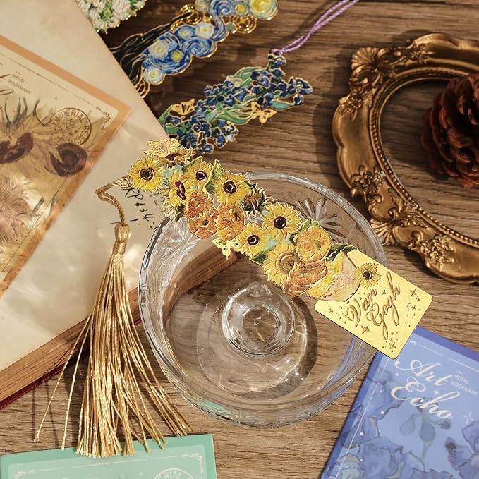 4 Pieces Bookmarks with Tassel, Golden Hollow Metal Bookmark Monet Oil Painting Theme Book Mark for Women Book Lovers Writers Readers Children Teenage Girls, (Flowers Style)