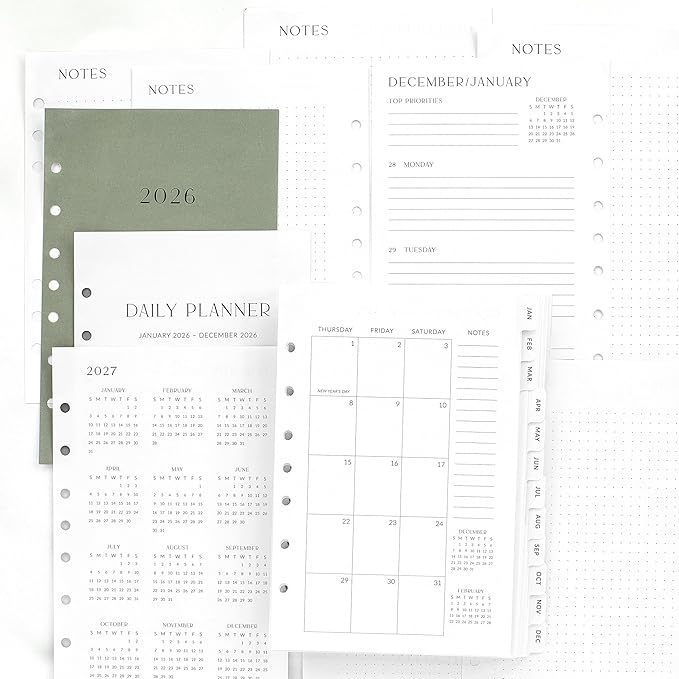 Beautiful 2026 Daily Planner Inserts for 7 Ring Binders – Durable A5 Paper Refill Set 5.5" x 8.3" - Refills Incl. Tabs & Monthly Calendar Spreads - From January 2026 - December 2026