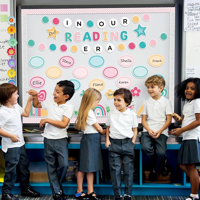 133Pcs Back to School Reading Bulletin Board Classroom Decoration, in Our Reading Era Cutouts Border Trims Bookworm Name Tags Back to School Party Supplies Classroom Chalkboard Wall Door Decor