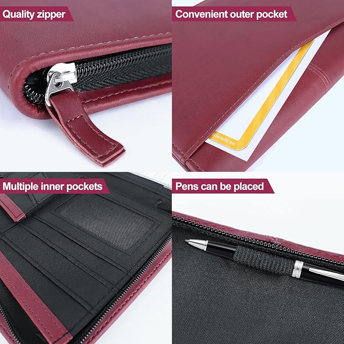 Godery Mini Leather Zippered Padfolio Portfolio Binder 5 x 8 Legal Writing Pad, Professional Business Portfolio for Men & Women, Card Holder, Notepad Clipboard Holder, Red