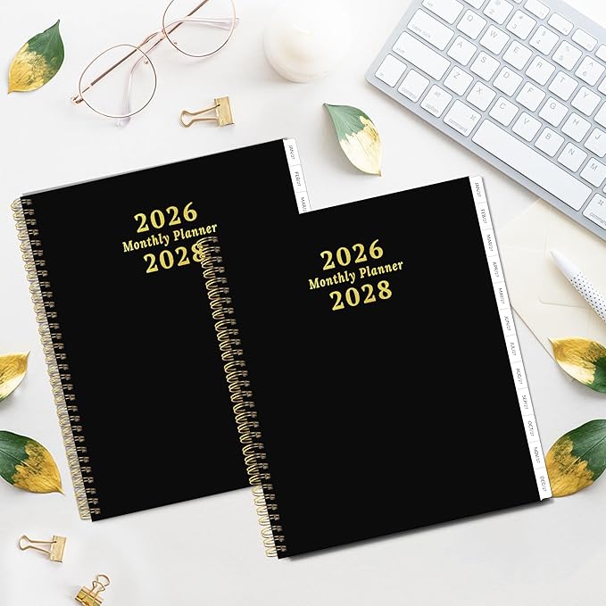 2026-2028 Monthly Planner, 2 Year Monthly Planner/Calendar 2026-208, Jul 2026 – Jun 2028, 9" x 11", Tabs, Double-Side Pocket, Holidays, Thick Paper - Black