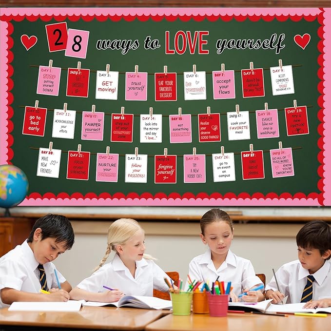 gisgfim Valentine's Day Bulletin Board Set Decoration Valentines Love Heart Paper Cutouts for Craft Projects Valentine's Day School Classroom Party Blackboard Wall Supplies(28 Ways to Love Yourself)