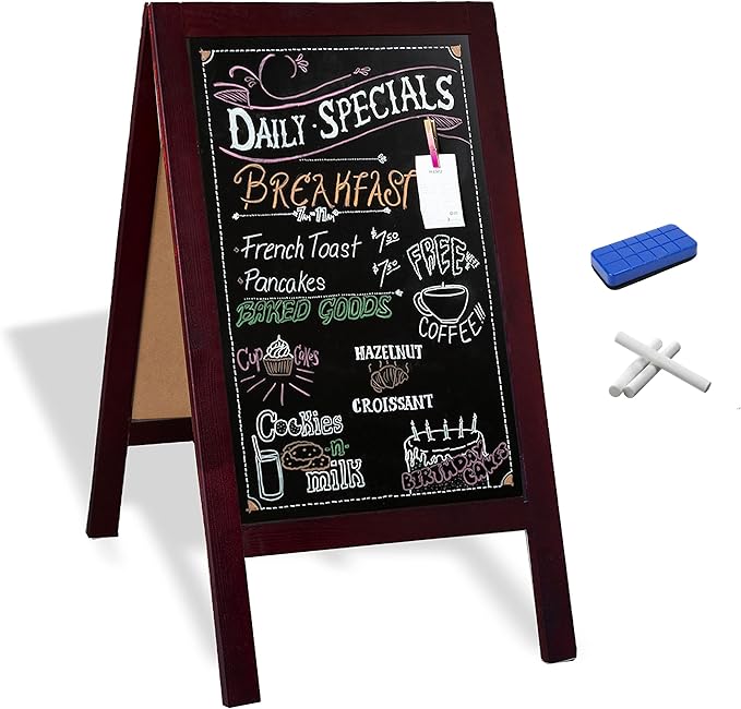 Ilyapa Wooden A-Frame Sign with Eraser & Chalk - 40 x 20 Inches Magnetic Sidewalk Chalkboard – Stained Wood Menu for Restaurant, Business or Wedding