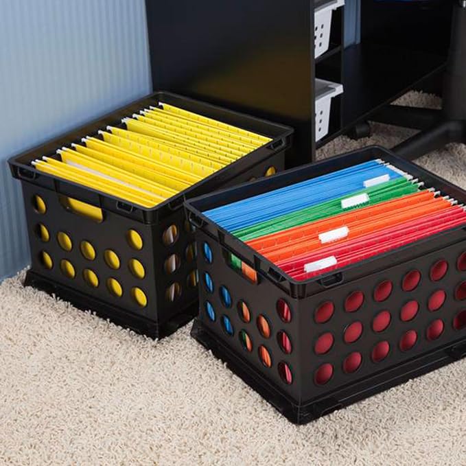 Sterilite Stackable Sturdy Storage Crate Organizer Bins with Handles for File and Document Organization for Homes, Offices, and Work Areas, Black, 18-Pack