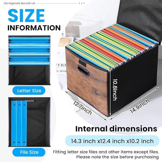 Cinnvoice File Organizer Box with Wood Grain Pattern, Hanging Collapsible File Storage Bins with Lid Plastic Slides for School Classroom Office Organizer, Rustic Brown Desk Storage