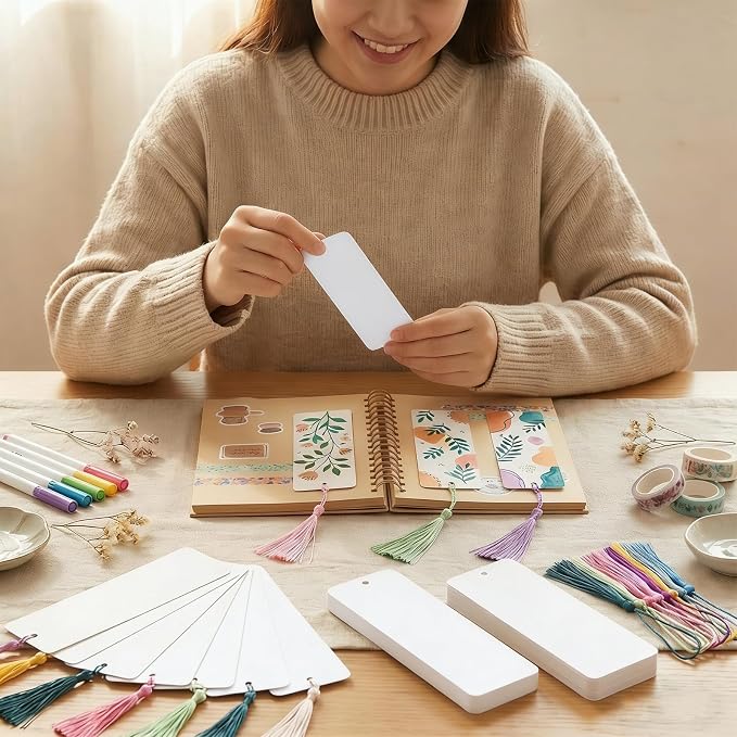 WANDIC 60 Pcs Blank Bookmarks, White Bookmarks with 60 Pcs Colorful Tassels Thick Cardstock Paper Bookmark with Hole for DIY Craft Supplies Gift Tags Book Decor