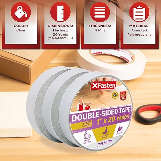 XFasten Double Sided Tape Clear, Removable, 1-Inch by 20-Yards, Pack of 3 Ideal as a Gift Wrap Tape, Holding Carpets, and Woodworking