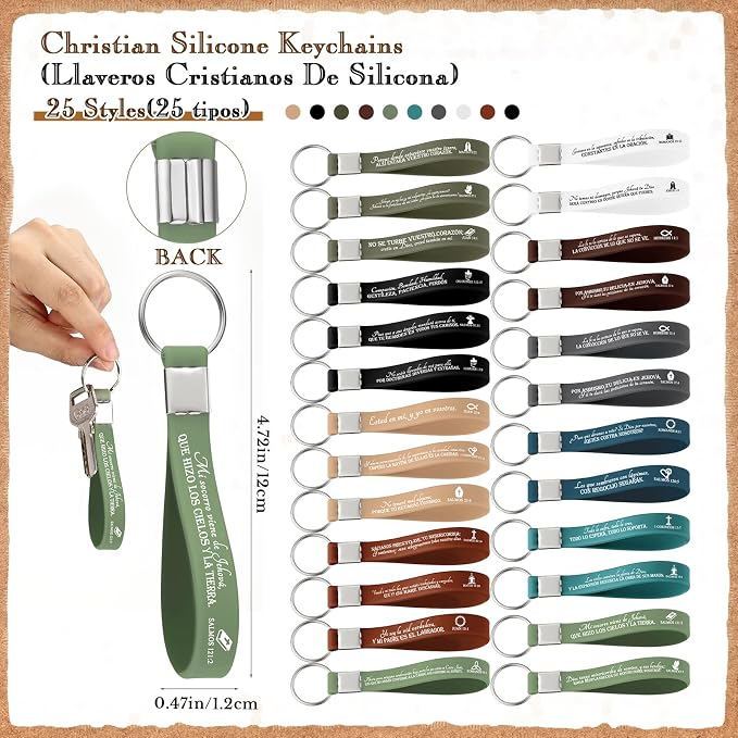 Feifeiya 25 Sets Father's Day Christian Gift Bulk Bible Verse Bamboo Pen Religious Silicone Keychain Scripture Bookmark Emergency Numbers Church Gift for Coworker Women Men(Classic Color,Spanish)