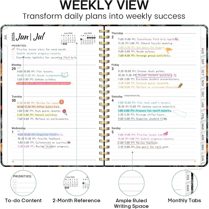 Academic Planner 2026-2027, Weekly and Monthly Calendar Book, July 2026 – June 2027, Hardcover Planner with Tabs, Perfect for Teachers, Students, Women & Men, A5 (6.4" x 8.5") - Crane