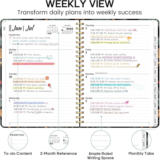 Academic Planner 2026-2027, Weekly and Monthly Calendar Book, July 2026 – June 2027, Hardcover Planner with Tabs, Perfect for Teachers, Students, Women & Men, A5 (6.4" x 8.5") - Crane