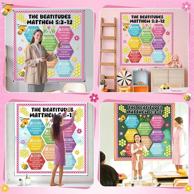 QOUBAI Christian Bulletin Board Decoration The Beatitudes Matthew 5:3-12 Classroom Decoration Motivational Bible Verse Paper Cutouts for Back to School Sunday School Church Parish Decor（Sunshine）