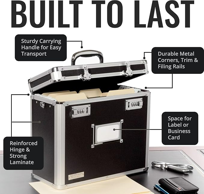 Vaultz File Organizer Storage Box - 14 x 7 x 12.19 Inch Letter Size, Portable Locking Storage Totes with Dual Combination Locks for Filing Office Documents - Black