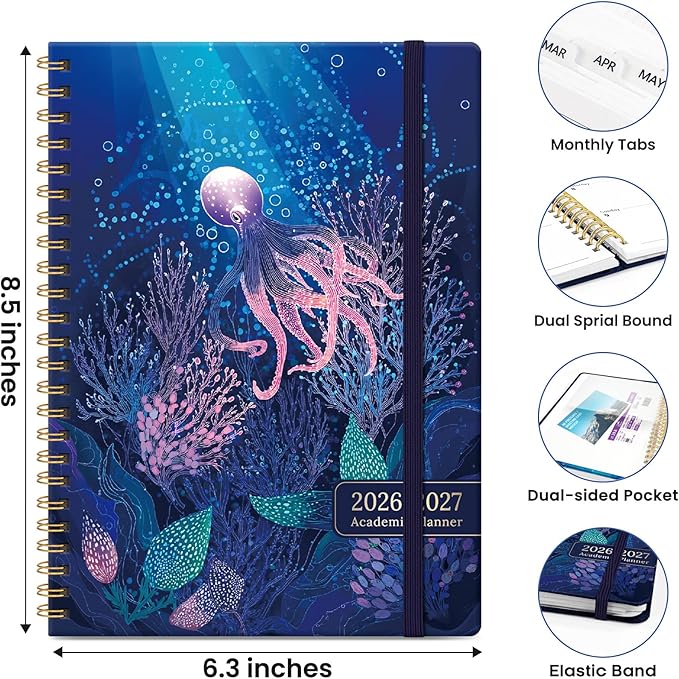 2026–2027 Academic Planner, Weekly and Monthly Planner for Women, July 2026 - June 2027, Pretty Hardcover 2026–2027 Academic Planner with Tabs, Inner Pocket, Spiral Bound, Perfect Office Home School Supplies - 6.3" x 8.5", Ocean Drift