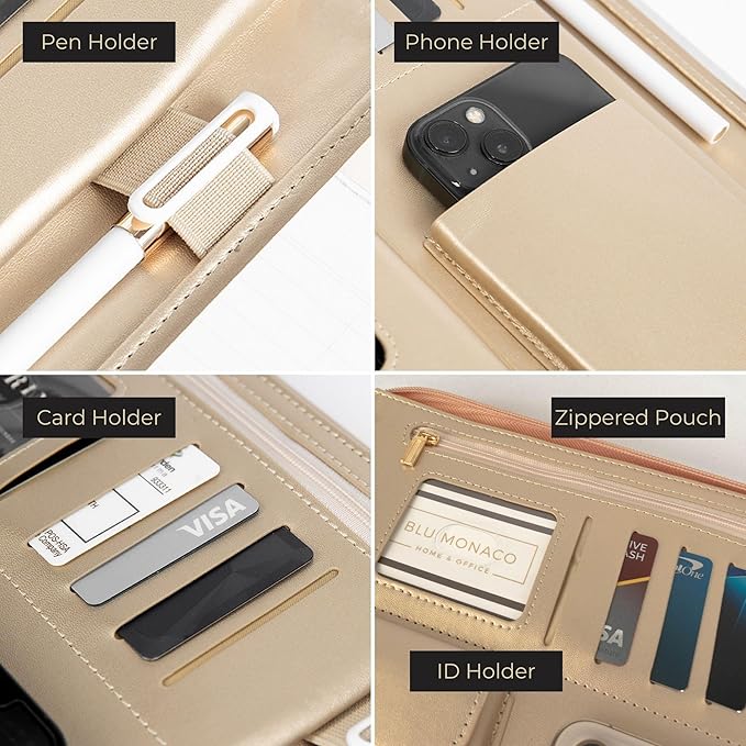 BLU MONACO | Peach Beige Vegan Leather Portfolio Binder for Women | Zipper Portfolio Binder with Gold Trim | Professional Business Portfolio with Zipper for 8.5 x 11 Documents
