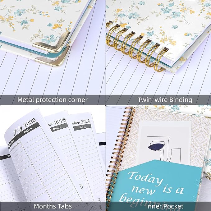 2026 Monthly Planner, Jan.2026 - Dec.2026 Weekly Monthly Planner 6.25"x8.5" with Page Tabs, Calendar Hardcover with Inner Pocket, Elastic Band, Twin-Wire Binding, Bookmark, Blue-Yellow Flower