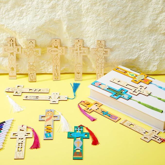 Yexiya 30 Sets DIY Christian Bible Bookmarks for Crafts, Unfinished Wooden Cutouts with 30 Tassels & 12 Color Markers, Bulk Religious Art Supplies for Sunday School, Vbs, Baptism & Church Activities