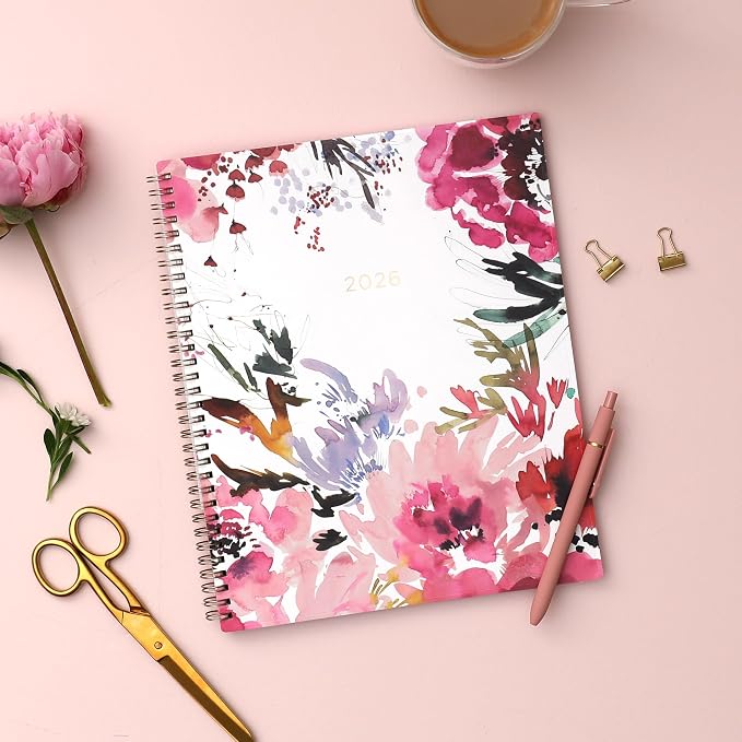 Blue Sky Kelly Ventura 2026 Weekly and Monthly Planner Calendar, January 2026 - December 2026, 8.5" x 11", Flexible Cover, Laminated Tabs, Durable Twin Wire Binding, Storage Pocket, Magenta Blooms