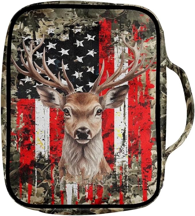 Suobstales Deer Print Bible Cover Carrying Book Case for Women Men American Flag Camo Lightweight Bible Bag Bible Protective with Handle and Zippered Pocket