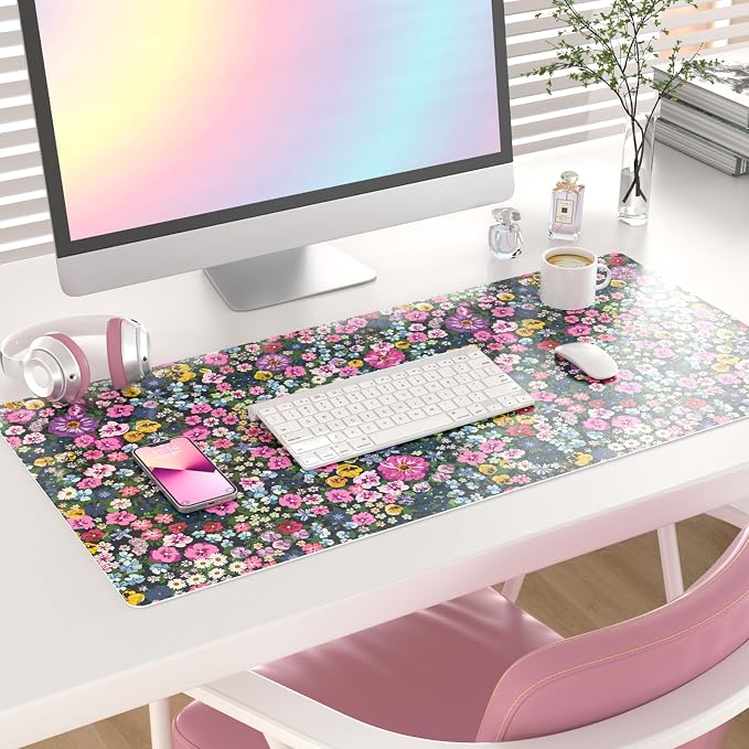 Colorful Star Large Mouse Pad, Floral Desk Mat Office Supplies, Waterproof Faux Leather Big Gaming Mousepad for Women Girls, Blooming Flowers Desk Pad Home Office Décor Accessories 31.5" x 15.7"