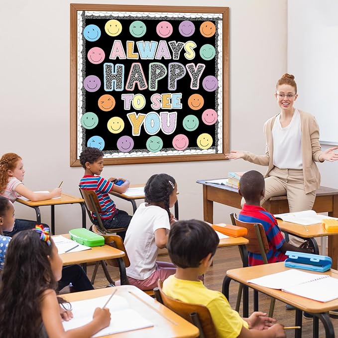 Composition Smile Face Bulletin Board Decoration Back to School Decor Always Happy to See You Bulletin Board Set Pastel Smile Face Paper Classroom Cutouts for Chalkboard Wall Door Decor Supplies