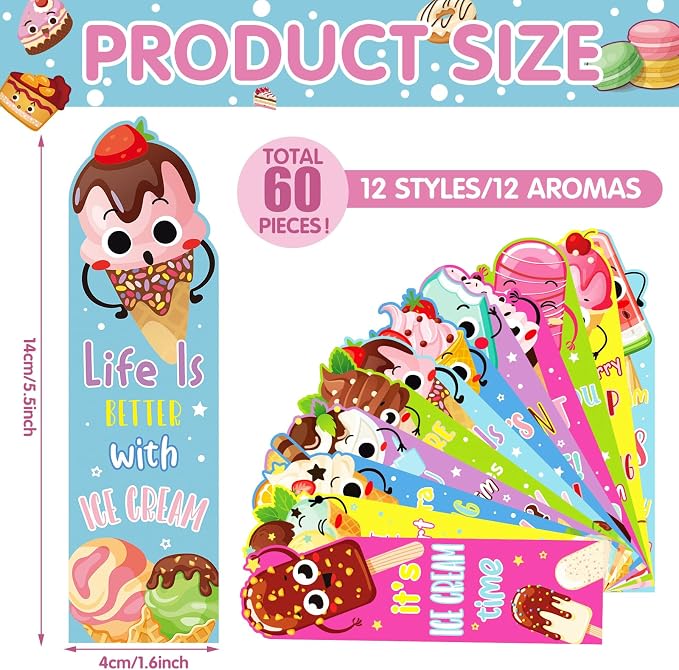 Fainne 60 Pieces Ice Cream Scented Bookmarks Kids Bulk Scratch and Sniff Classroom Valentines Back to School Bookmarks Gift Stuff for Students Christmas End of Year Graduation Birthday Favor