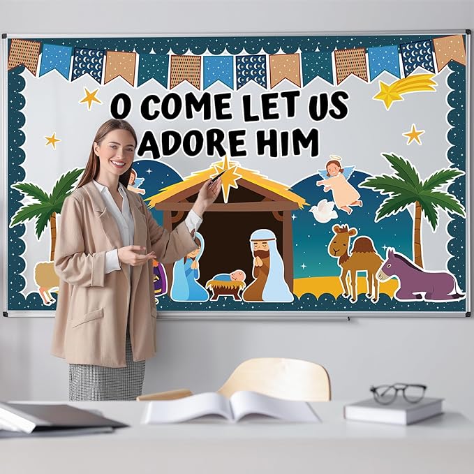 Justforjoyful Religious Christmas Bulletin Boards Christian Nativity Scene Bulletin Board Decorations Set Jesus Birth Bible Classroom Decor Paper Border Cutout for Sunday School Church Chalkboard Wall